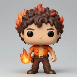 a [ funko pop of leo valdez ], an elfish mexican boy with curly hair, fire theme, wearing an orange shirt, with a toolbelt