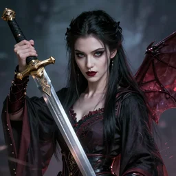 female human vampire witch holding a sword, in the style of greg rutkowski, makoto shinkai, trending on artstation, character design, concept art, pretty face, forward facing, highly detailed, digital art, seed : 1 9 2 6 2 5 9 4 0 7