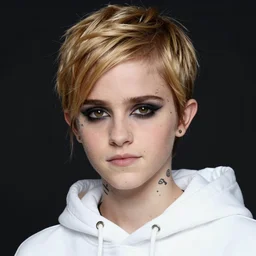 color studio photo of a tom boy, young adult, face tattoos, short blonde hair, black makeup, white hoodie, emma watson, detailed, close - up