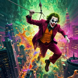 joker zipline over city splash art graphic design color splash high contrasting art, fantasy, highly detailed, art by greg rutkowski