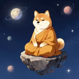 A Shiba inu monk sits on a floating rock and travels through the universe , Artstation