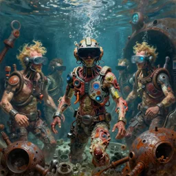 junky men in underwater world, luminosity, cybertronic gadgets and vr helmet, flesh + technology, durty colours, mid shot, rotten textures, rusty shapes, biotechnology, norman rockwell, tim hildebrandt, dariusz zawadzki, bruce pennington, oil on canvas, deep depth field, masterpiece, cinematic composition, hyper - detailed, hdr