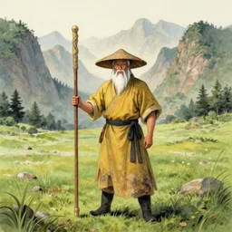 a chinese battle monk, wearing a faded dark yellow toga, straw hat, holding a long wooden staff that is perpendicular to the floor, long white beard, beautiful valley with a meadow and dozens of mountains, lots of shading, full body shot, drawn in the style of ken kelly