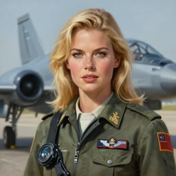 epic professional digital portrait art of attractive blonde woman airforce pilot, 4 5 mm lens, painting, facing front, by neal adams and joelle jones artstation, cgsociety, wlop, epic, much wow, much detail, gorgeous, detailed, cinematic, masterpiece