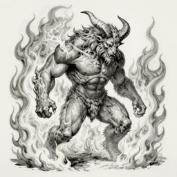 full body of horned muscled humanoid beast, 3/4 view from below, engulfed in swirling flames, grayscale drawing by Gustave Dore and Anato Finnstark
