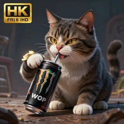 the cat karakl drinks an energy drink, concept art, wlop, digital painting, trending on artstation, highly detailed, epic composition, official media, 8 k uhd
