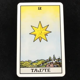 tarot card, the star written on the lower part of the card, a star in the middle, the entire universe in blue in the background