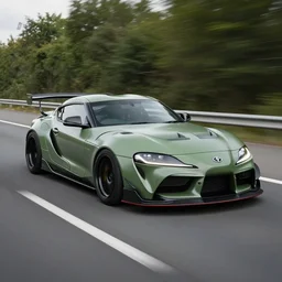 Matte olive green Toyota Supra mk4 with widebody kit on highway, hyper realistic, car photography, 8k,