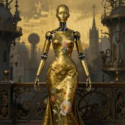 brass semi - mechanical woman, floral art novuea dress, art by moebius, john bauer, in steampunk cityscape designed by victor horta, golden hour, dark shadows, robotic prosthetic limbs, symmetrical