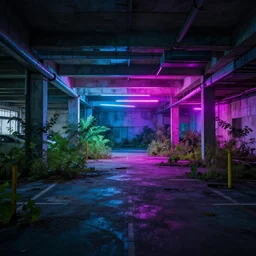 a indoor abandoned parking lot with overgrown plants, bisexual lighting, neon, cyberpunk, art by Simon Stalenhag, cinematic, 4k