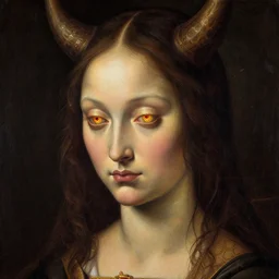 A naraka female demon with the eyes glowing in gold and red, ultrarealistic painting by botticelli
