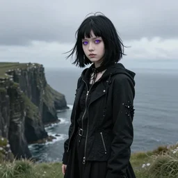 1 7 - year - old pale - skinned persian girl with black long bob cut, black gothic jacket, purple eyes, psychic girl, standing on cliff along the irish coast, overcast gray skies
