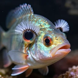 A fish with fake eyelashes above the eyes, digital art, photorealistic