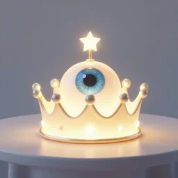 a glowing crown sitting on a table with one large beautiful eye on top of it like a jewel, stars on top of the crown, night time, vast cosmos, geometric light rays exploding outwards into stars, sharp bold black lines, flat colors, minimal psychedelic 1 9 5 0 s poster illustration