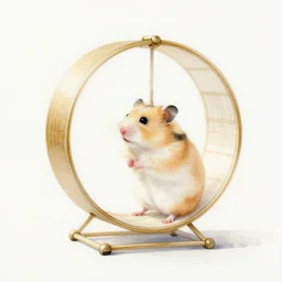 beautiful serene hamster wheel, healing through motion, life, minimalistic golden and ink airbrush painting on white background, pristine dream