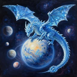 prompt crystalline blue, European dragon, devouring a planet, space, planets, moons, sun system, nebula, oil painting, by Fernanda Suarez and and Edgar Maxence and greg rutkowski
