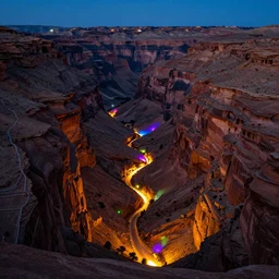 the bottom of a massive desert canyon at night softly lit by multicolored lights,