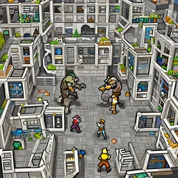 a giant room with bright white walls, two golems fighting a four small adventurers, fantasy, digital art