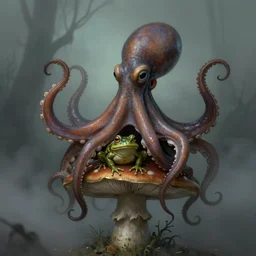 octopus cthulhu frog sitting on mushroom, matte painting, unsettling, misty, by lovecraft and greg rutkowski, luis royo and wayne barlowe, artstation