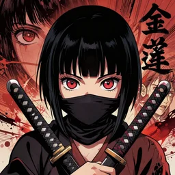 a comic book style japanese horror poster of ninja girl with large eyes by dan mumford, yusuke murata and junji ito, blood lines, yokai, shinigami, eyes, shurikens, kanji, 8k, unreal engine, trending on artstation, pixiv, intricate details, volumetric lighting