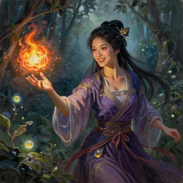 female portrait, smiling hapa sorceress chasing will-o-wisps casting a fireball in a garden, award-winning fantasy oil portrait