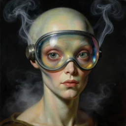 a baroque neoclassicist close - up portrait of an alien being gazing intensely with big eyes, wearing an iridescent reflective retrofuturistic lovecraftian visor. white smoke. head, face and shoulders, foggy black background. renaissance portrait painting. sci - fi retrofuture. highly detailed science fiction painting by norman rockwell, frank frazetta, syd mead and moebius. rich colors, high contrast, gloomy atmosphere, dark background. trending on artstation.