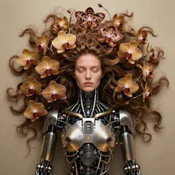 a beautiful intricate fine art portrait photo of a cyborg with cybernetic implants, epic hair spread out around her lined with moth orchids, by anna dittman and ed binkley, masterpiece!, mechanical industrial robot body, top view, studio lighting, golden ratio composition, 3 5 mm lens, deep depth of field, artstation, 8 k
