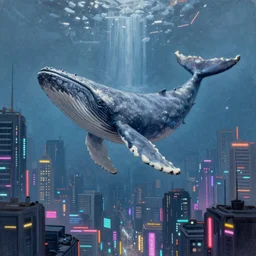 a beautiful painting of a whale suspended in mid air near a skycraper, cyberpunk city, neon lights, cinematic shot, volumetric light, detailed, epic, sharp
