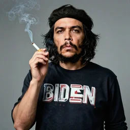 studio portrait of stoned che guevara smoking a joint wearing a biden shirt