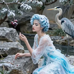 dryad in a zen rock garden, by Peter Kemp, ice blue, glamorous hairstyle, frost clings to her skin, wearing translucent white and ice blue fashion, lost in the moment, winter, art nouveau by Brian Froud, frozen tear, berries, a heron, evergreen branches,  by Alphonse Mucha