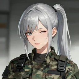 girl, silver hair (ponytail), (winking), multicam (camo), trending on artstation, detailed, cinematic portrait, ilustration by Takehiko Inoue ((((and Yoann Lossel))))