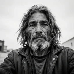 photo by lee jeffries, black and, white, old, man, long, hair selfie, dirty, homeless