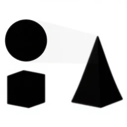 a black sphere | a black cube | a black pyramid, 3 different shapes, on a white background, vector art, in a row