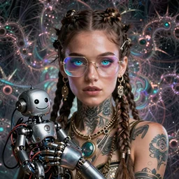 a realistic goddess staring into the camera in a photo shoot with holographic eyes, braided hair, jewelry, tattoos,  holding a mechanical smiling robot covered in wires they are wearing matching hi tech glasses the entire image is covered in a hint fractal designs and Mandelbrot bursts with cinematic lighting, unreal engine, trending on artstation, hyper realistic, surrealist, perfect symmetry