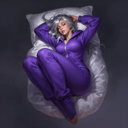 a highly detailed illustration of silver haired woman wearing purple onesie floating on pillow, dramatic floating pose, sleepy expression, perfect face, intricate, elegant, highly detailed, centered, digital painting, artstation, concept art, smooth, sharp focus, league of legends concept art, wlop