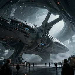 a breathtaking scene of the expanse spaceship, technology, exterior, scifi, cybernetic, darksynth, ultrarealistic, highly detailed, futuristic landscape, industrial, low angle view, crowds of people, ominous, sharp focus, epic lighting, cinematic, by jeremy mann and jan urschel and neil blevins, misty, unreal engine 5, 8 k