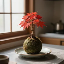 a small kokedama on a plate in a kitchen next to a window, a small red momiji bonsai is growing from the top of the kokedama, beautiful lighting, cinematic, high detail,