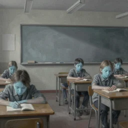 a very boring day in school, painting by quint buchholz and ray caesar, muted colors, gray, dull, boring, low energy, pale blue faces, very detailed