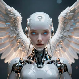 ultra detailed portrait of a futuristic cybernetic angel with glowing robotic wings, front view, by tom bagshaw and anna dittman, 5 0 mm lens, perfect eyes and face, biomechanical robot, deep depth of field, artstation, 8 k