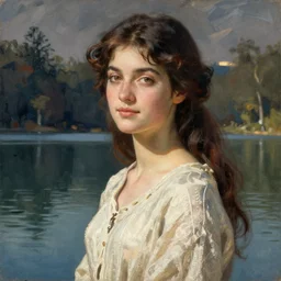 a beautiful woman at a lake, illustration by Gustav Doré