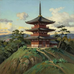 a  traditional Japanese quite Torri on a mountain, by studio ghibli painting, by Joaquin Sorolla rhads Leyendecker, by Ohara Koson and Thomas Kinkade, traditional Japanese colors, superior quality, masterpiece