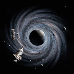 space debris from ancient space station and other space constructions revolving around black hole forming a tilted vortex in black starless space