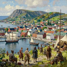 a viking viking busy capital city with a harbor and viking viking ships in summer, norwegian romantic nationalism, rolling hills in the background, lush vegetation, vikings, trading, volumetric lighting, ultra detailed, realistic, lost civilizations, masterpiece, 4 k, highly detailed, oil on canvas, smooth, illustration
