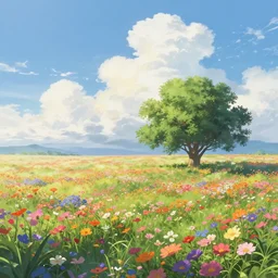 landscape, summer, morning, full of colorful flower and tree, beautiful cloud, quiet, no people, anime background,, illustration, sharp focus, intricate, smooth, super wide angle, trending on artstation, trending on deviantart