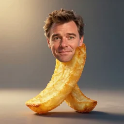 photo of [ a single salted french fry chip ] shaped like that looks like stephen fry as a pixar character hybrid intercross mix cinematic lighting