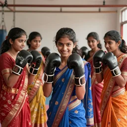 a group of teenage indian girls learning boxing, sari, saris, smiling, digital portrait by greg rutkowski, intricate, soft focus, highly detailed, cinematic, epic, artstation