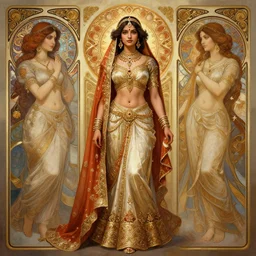 symmetry full body portrait of beautiful indian princess, intricate, elegant, highly detailed, digital painting, artstation, concept art, smooth, sharp focus, illustration, art by artgerm and greg rutkowski and alphonse mucha, 8 k