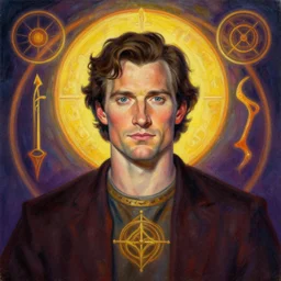 portrait of a henry cavill by mandy jurgens, cartoon, oil painting, visionary art, symmetric, magick symbols, holy halo, dramatic ambient lighting, high detail, vibrant colors,