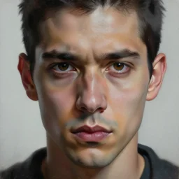 high quality high detail painting by juan francisco casas, hd, portrait of a psychopath, intense unsettling look in the eyes, photorealistic lighting