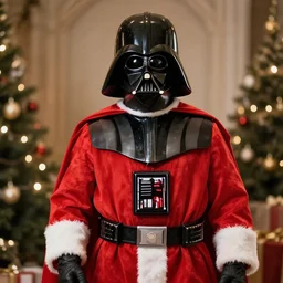 A realistic photo of Darth Vader dressed as Santa